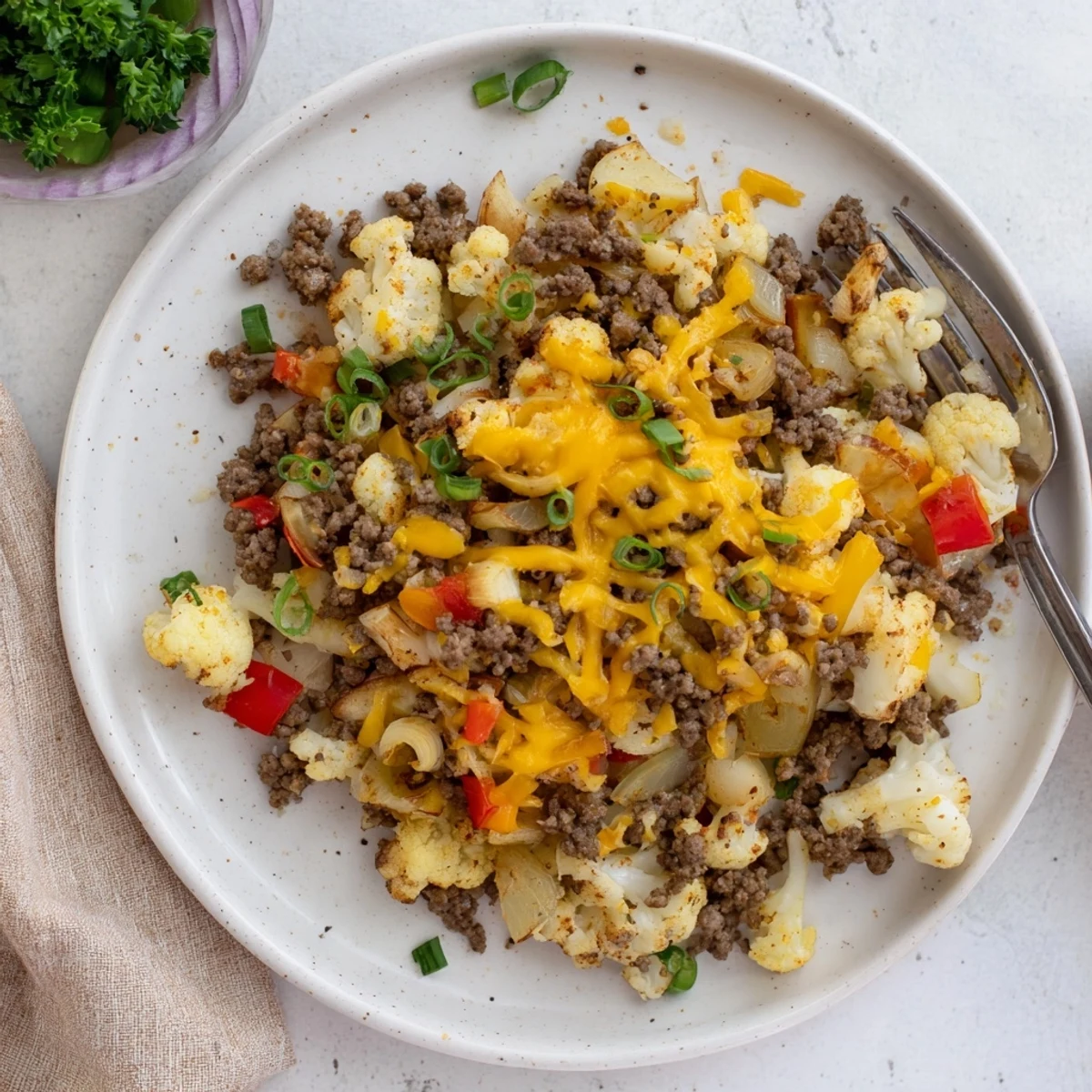 Golden cauliflower and beef hash sizzling in a cast iron skillet with melted cheddar