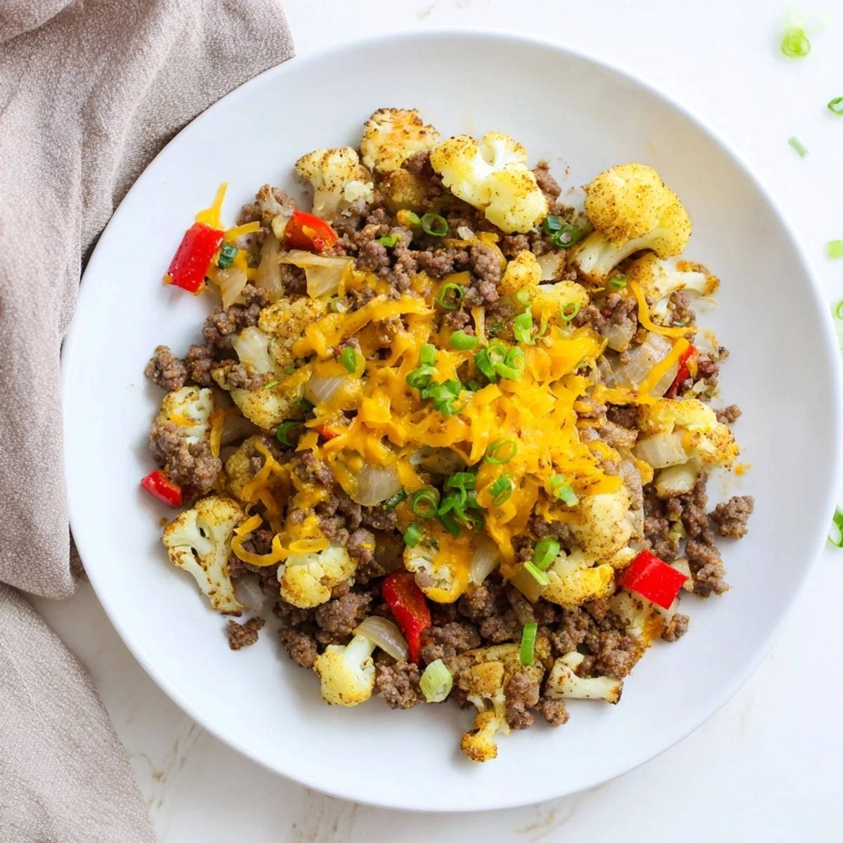Low-carb cauliflower and ground beef hash served hot with fluffy eggs on top