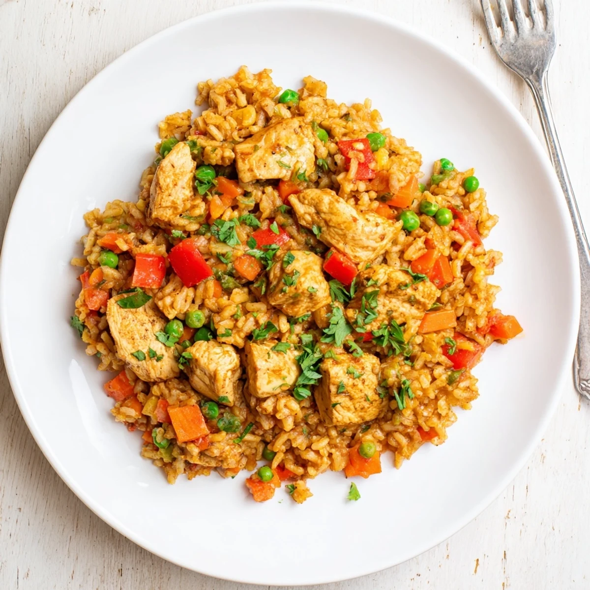 Fragrant Middle Eastern shawarma chicken and rice dish served with fresh parsley and lemon wedges