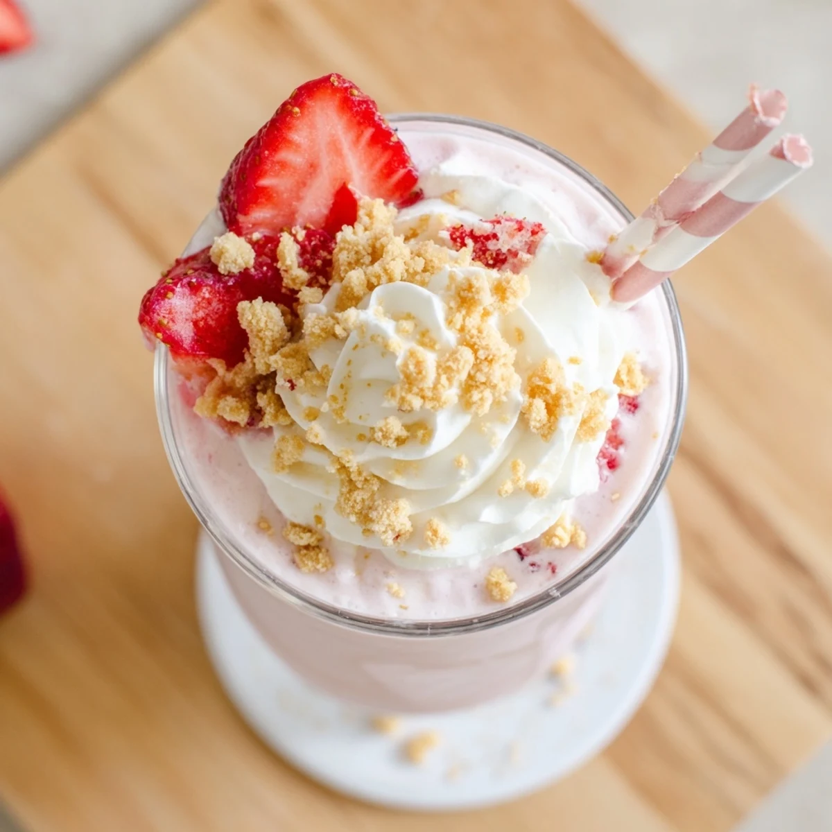 Tall glass of strawberry cheesecake milkshake topped with whipped cream and fresh strawberry slices
