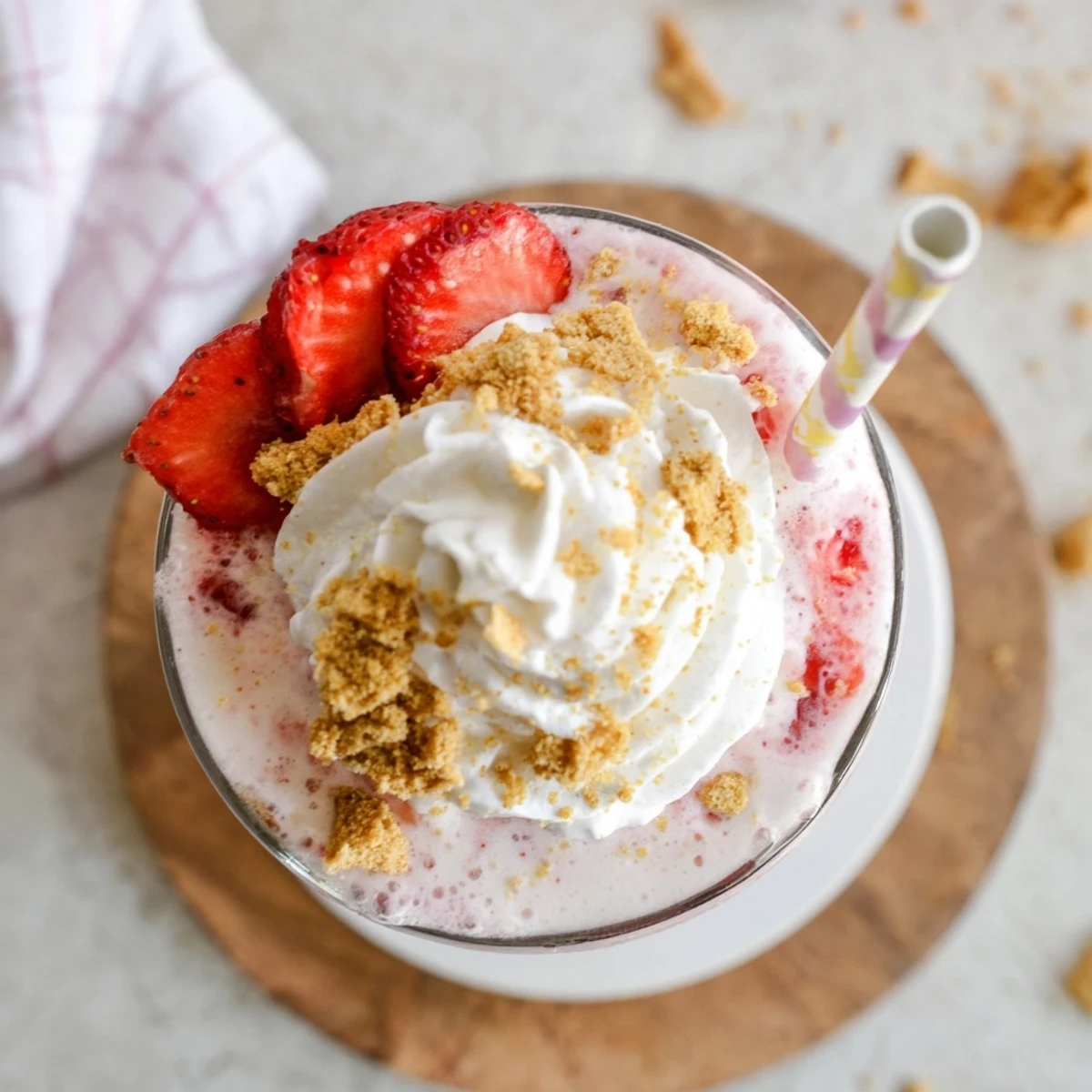 Creamy strawberry cheesecake milkshake garnished with crushed graham crackers and red strawberries