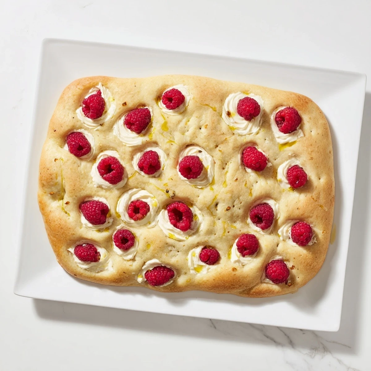Golden brown raspberry cheesecake sourdough focaccia with creamy swirls and fresh berries