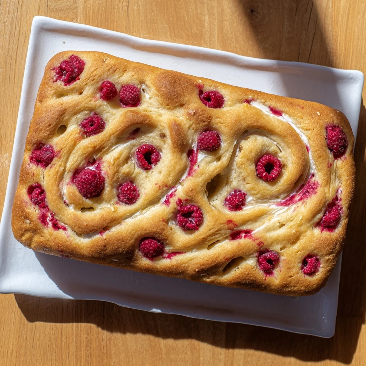 Rustic sourdough focaccia topped with tangy raspberries and sweet cheesecake mixture