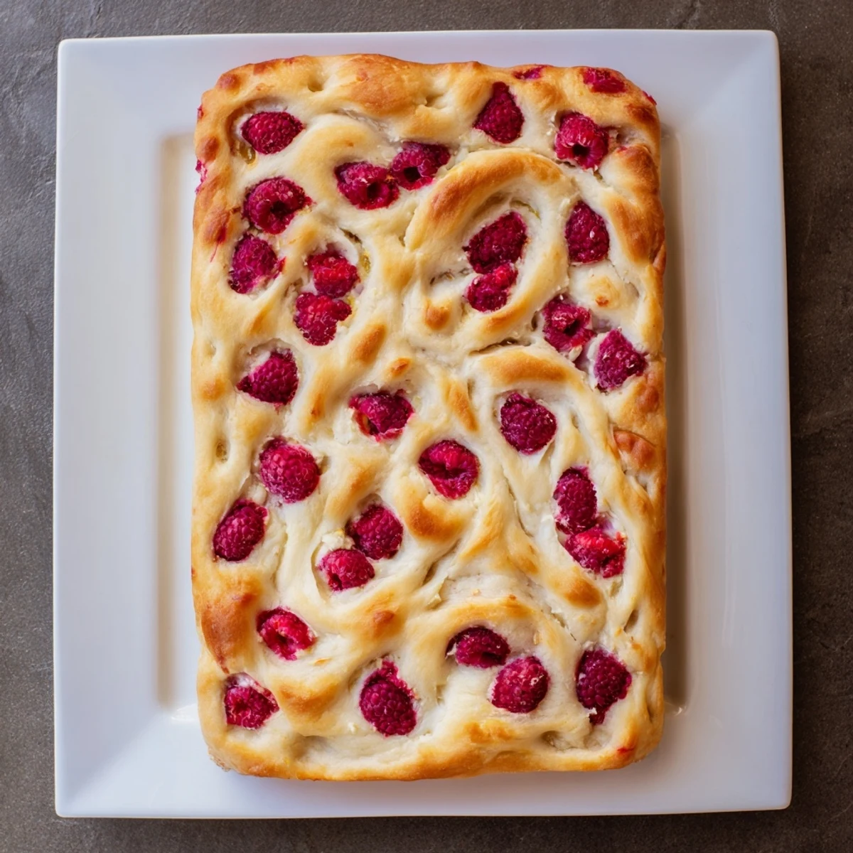 Slice of sweet raspberry cheesecake sourdough focaccia showing golden crust and fruit topping