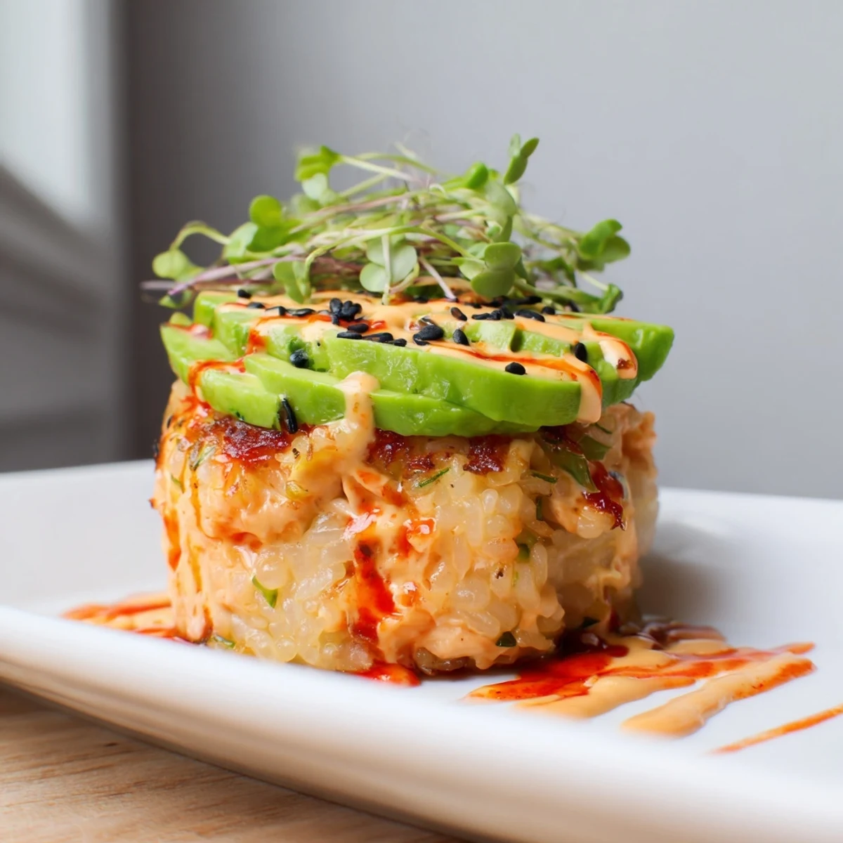 Pan-seared rice cakes crowned with spicy salmon mixture, avocado, and toasted sesame seeds