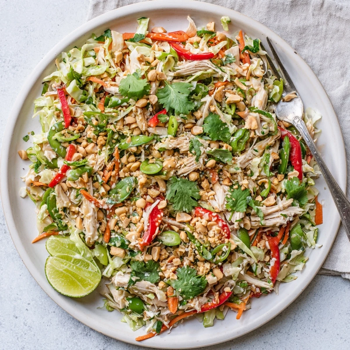 Colorful no cook Asian chicken salad bowl topped with crushed peanuts and sesame seeds