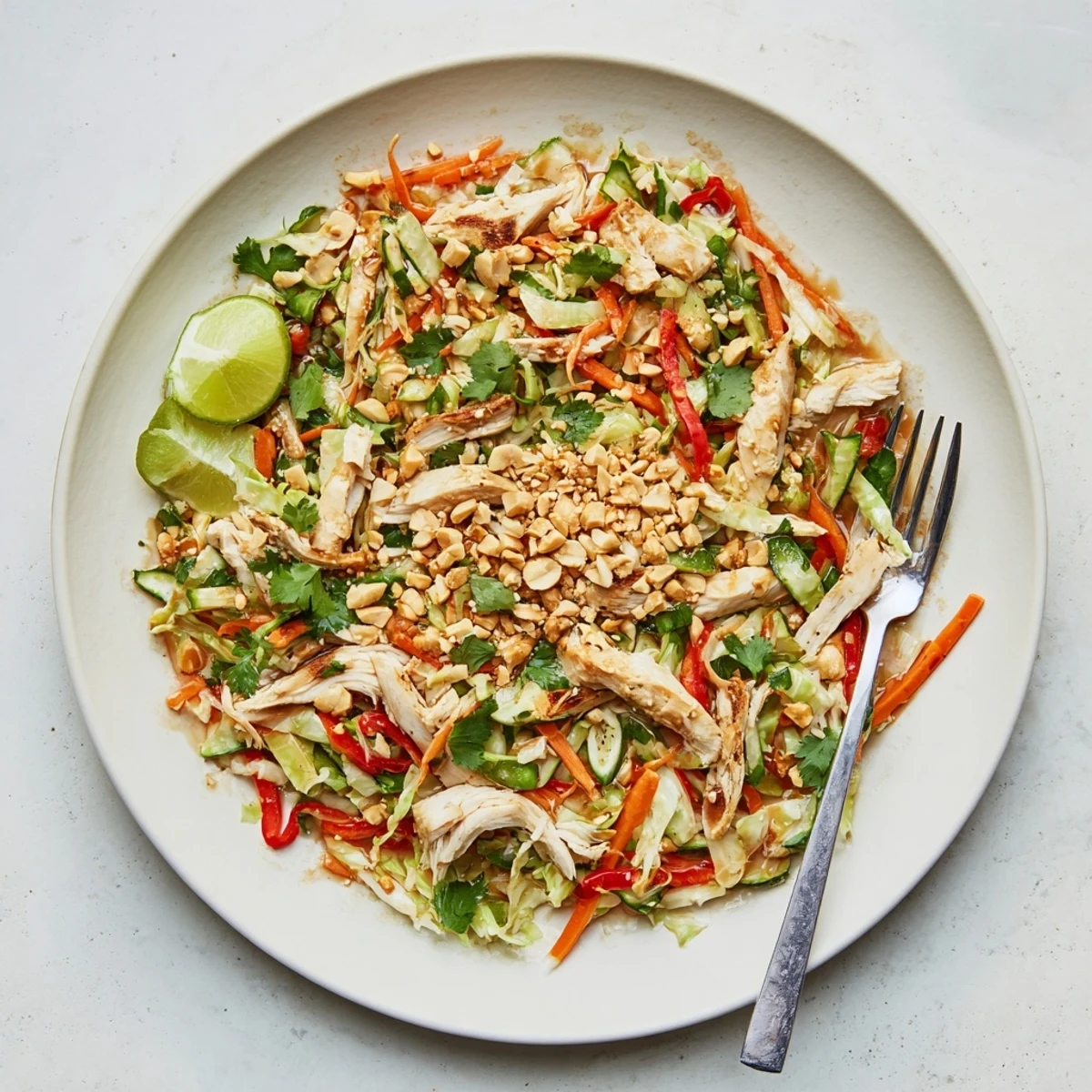 Protein-packed Asian chicken salad featuring shredded chicken, crunchy Napa cabbage, and peanut topping