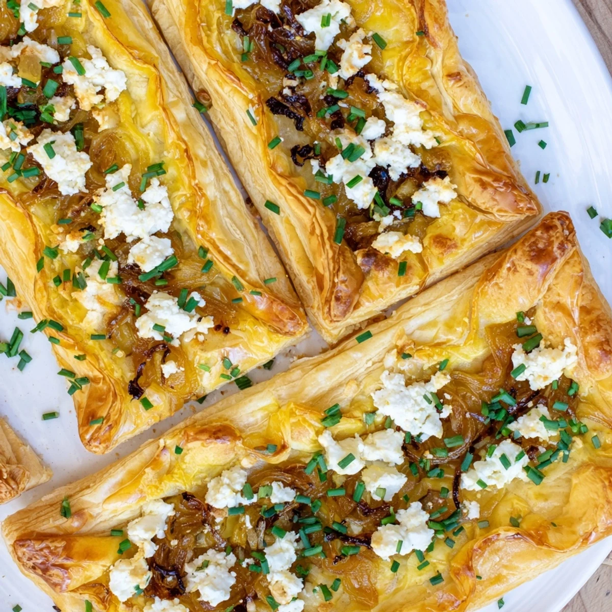 Golden caramelized onion and goat cheese tarts on a rustic wooden board