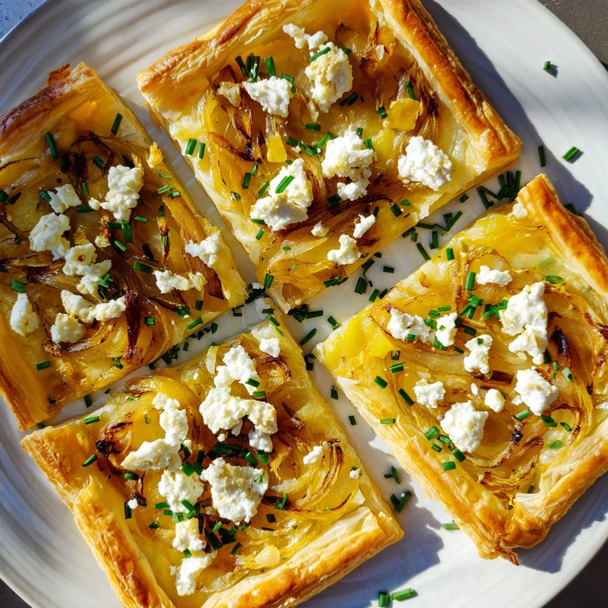 Flaky puff pastry tarts topped with sweet onions and creamy goat cheese crumbles