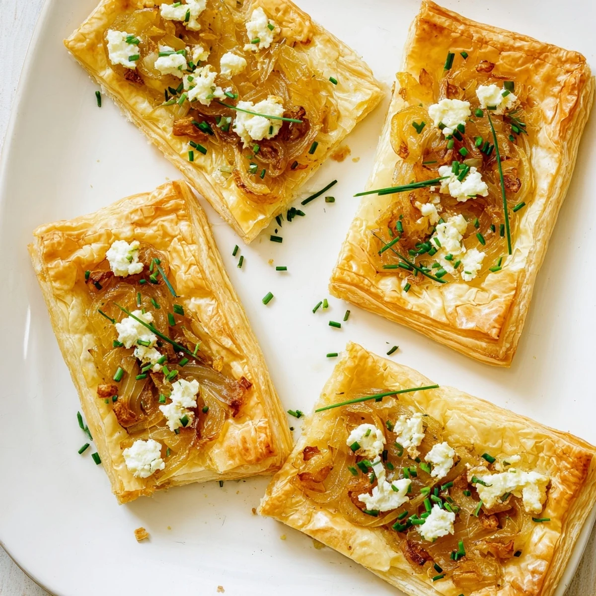 Elegant French appetizer featuring buttery pastry with caramelized onions and tangy goat cheese