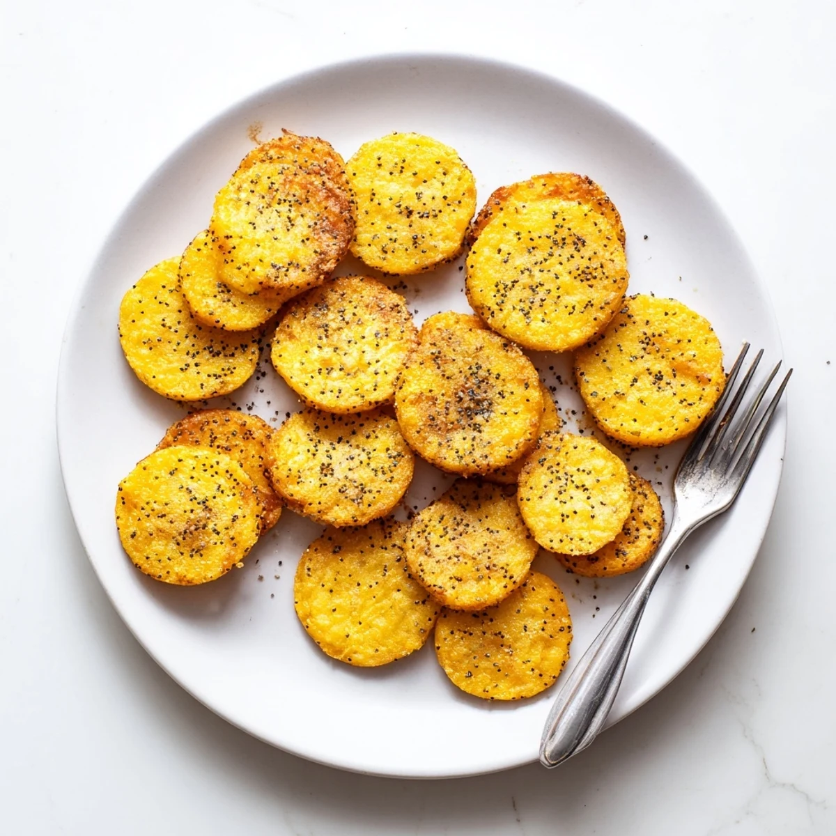 Golden brown Cheddar cheese coins arranged on a white serving platter with edges