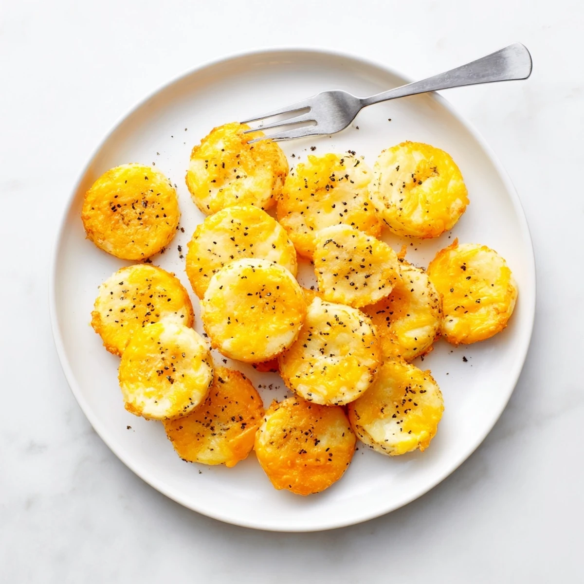 Stack of crispy Cheddar cheese coins served on wooden board for party appetizer