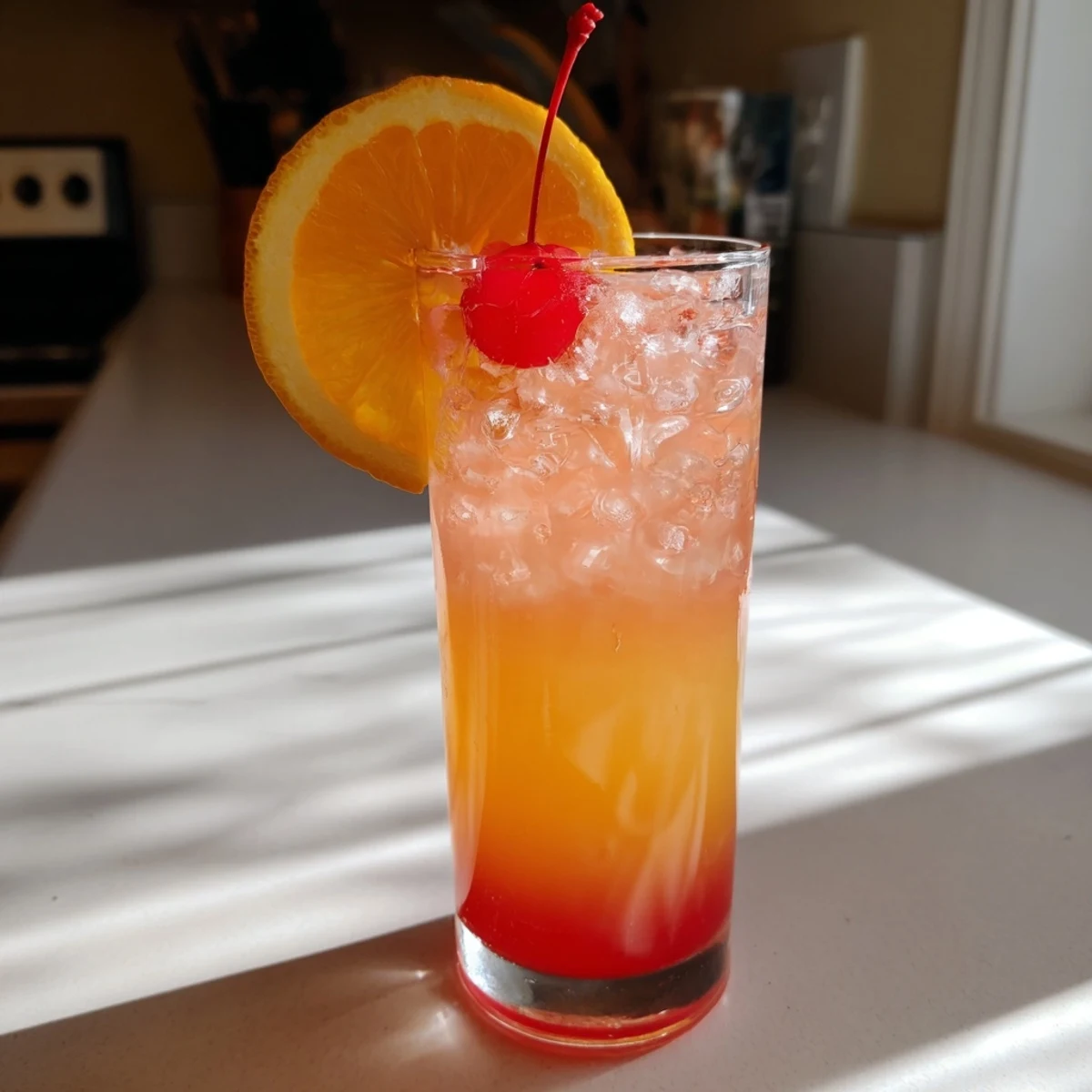 Colorful Easy Shirley Temple Drink served over ice with cherry topping and bubbly carbonation rising