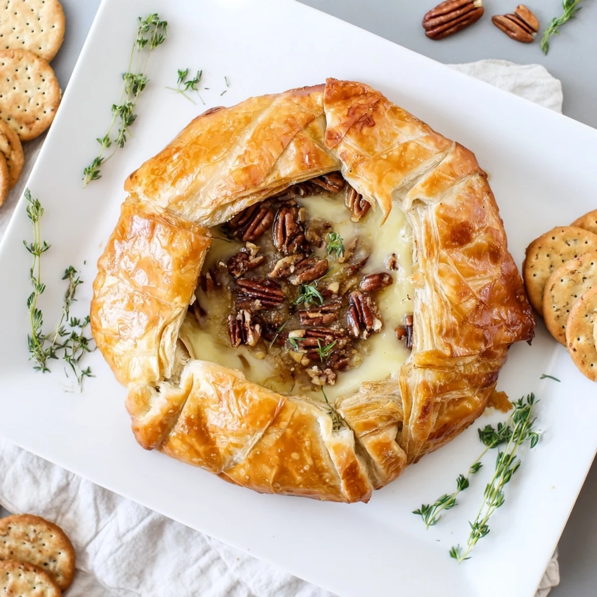 Creamy molten brie cheese flows from golden pastry with fig jam and pecans