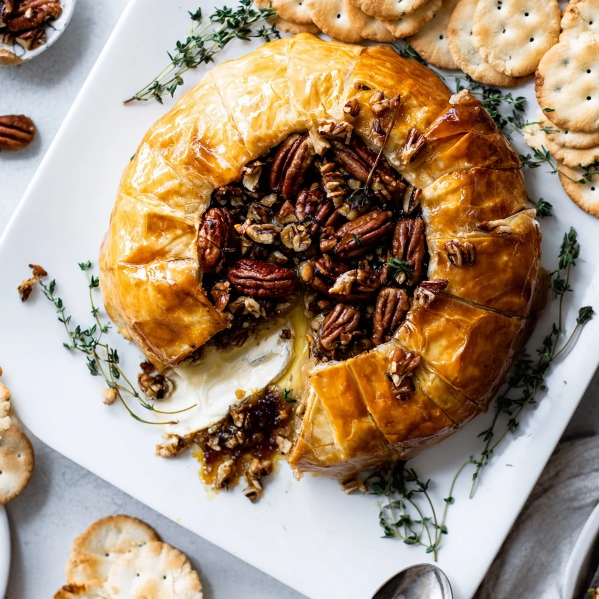 Golden baked brie wrapped in flaky puff pastry topped with sweet fig jam