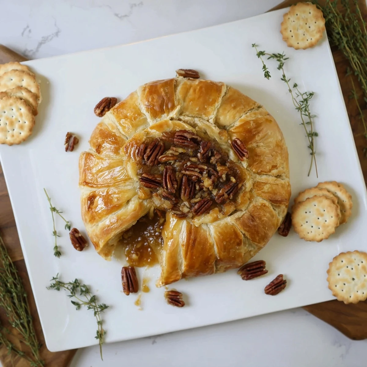 Warm brie wheel enrobed in buttery pastry glazed to perfection with fig preserves