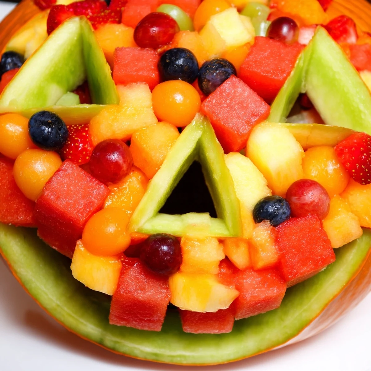 Carved watermelon Jack O Lantern bowl filled with colorful fresh melon balls and berries for Halloween parties.