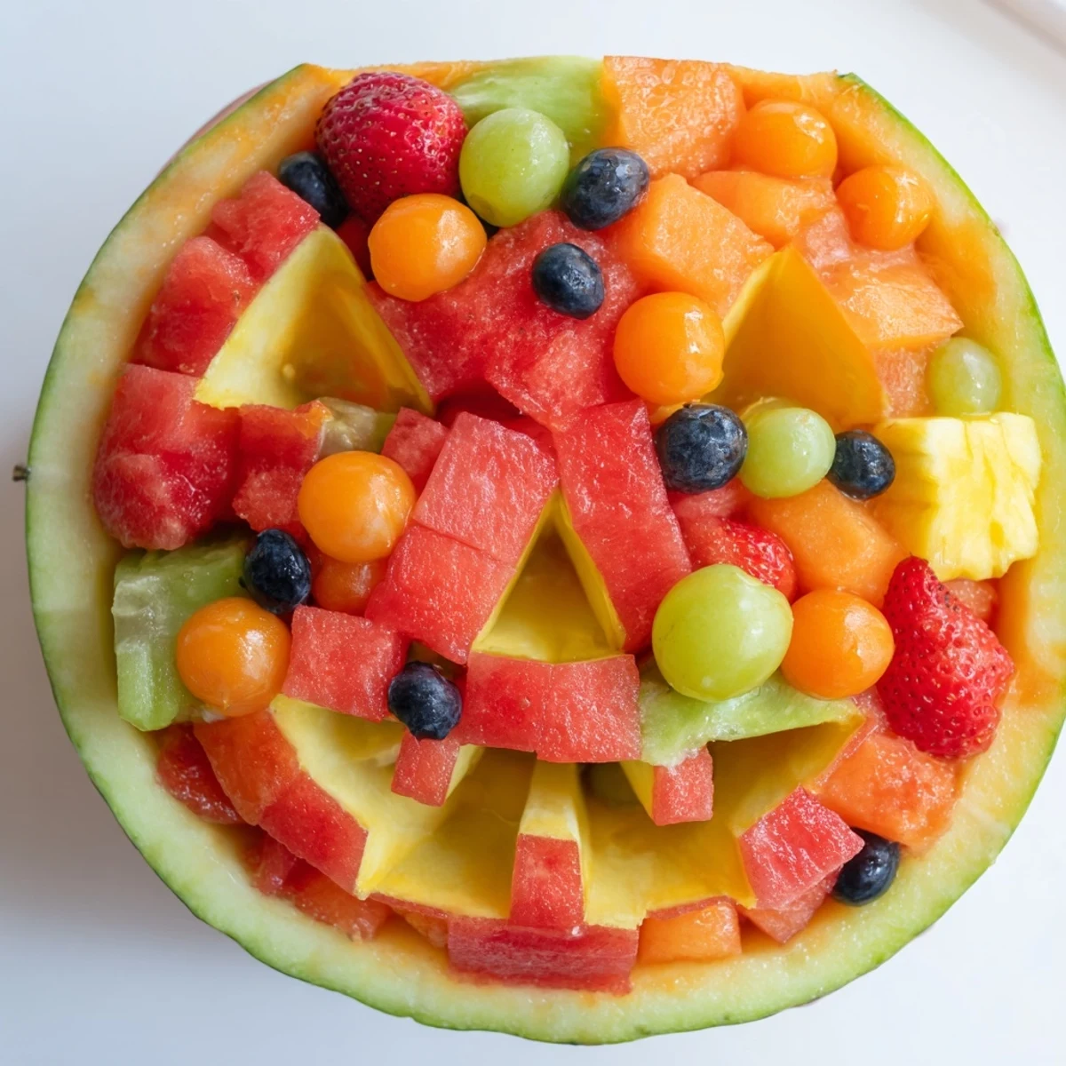 Festive Halloween watermelon Jack O Lantern serving bowl overflowing with juicy tropical fruit salad and fresh berries.