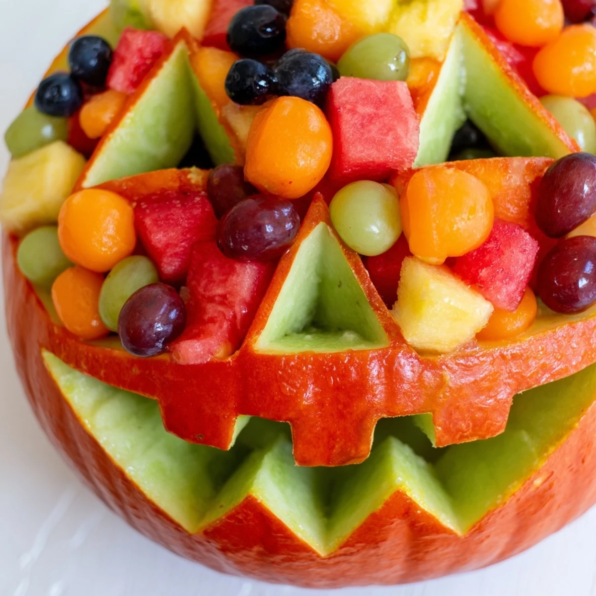 Spooky watermelon Jack O Lantern fruit salad displaying vibrant mix of pineapple, strawberries, and chilled melon chunks.