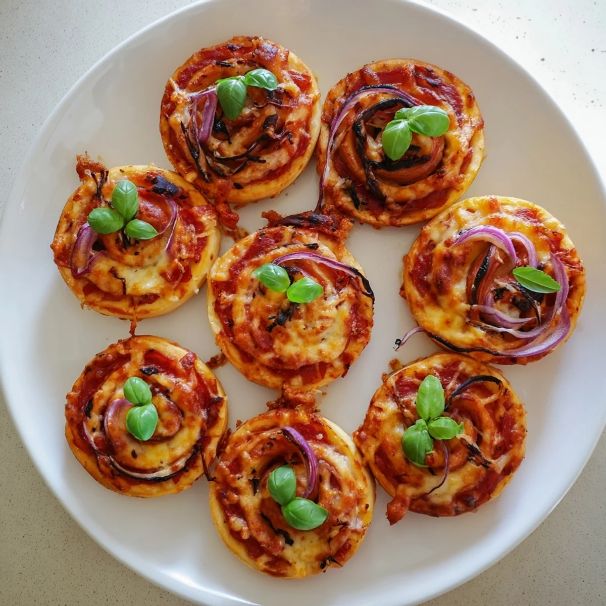 Flower shaped easy pizza roses garnished with fresh basil leaves on a serving plate