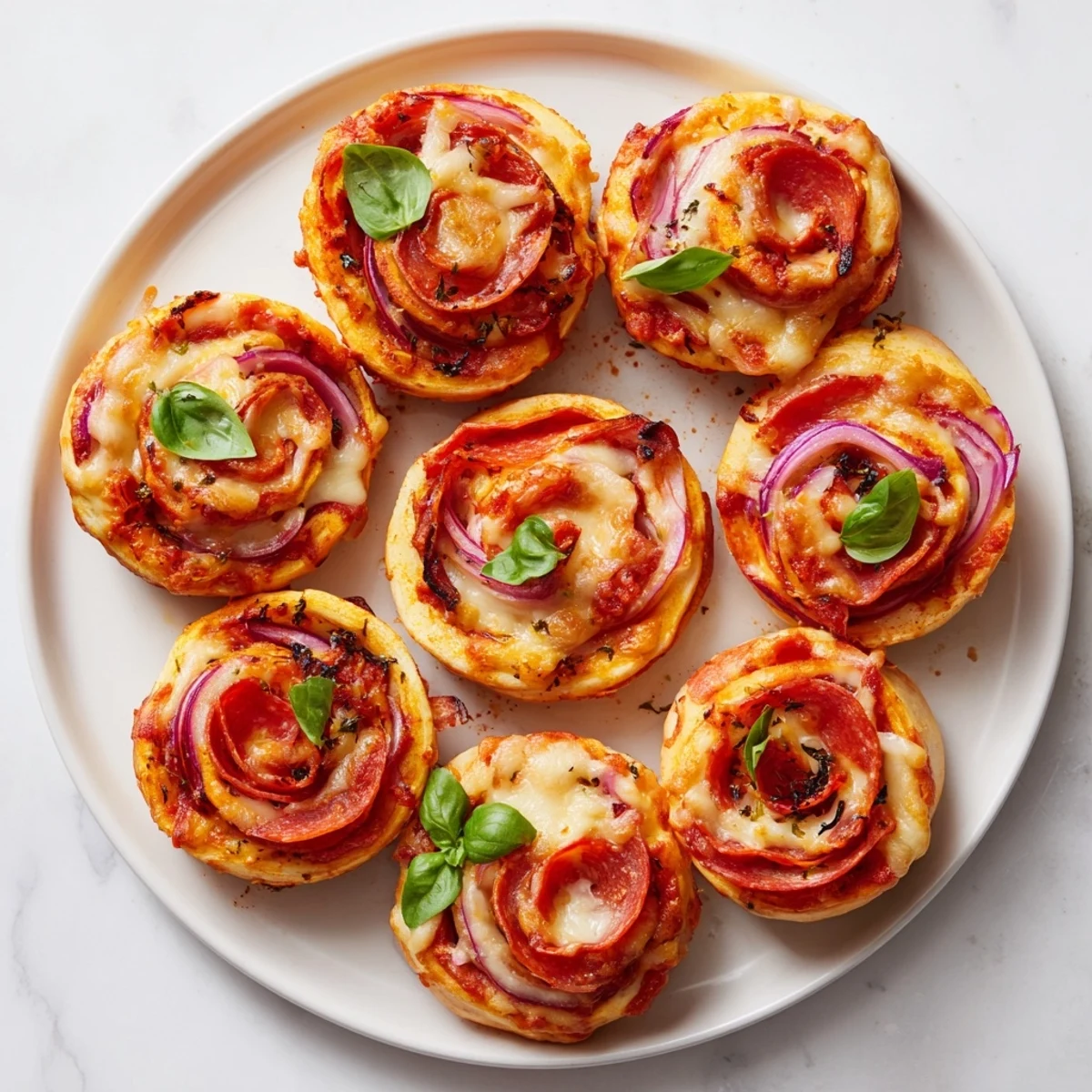 Baked easy pizza roses featuring red bell peppers, onions, and bubbling mozzarella cheese