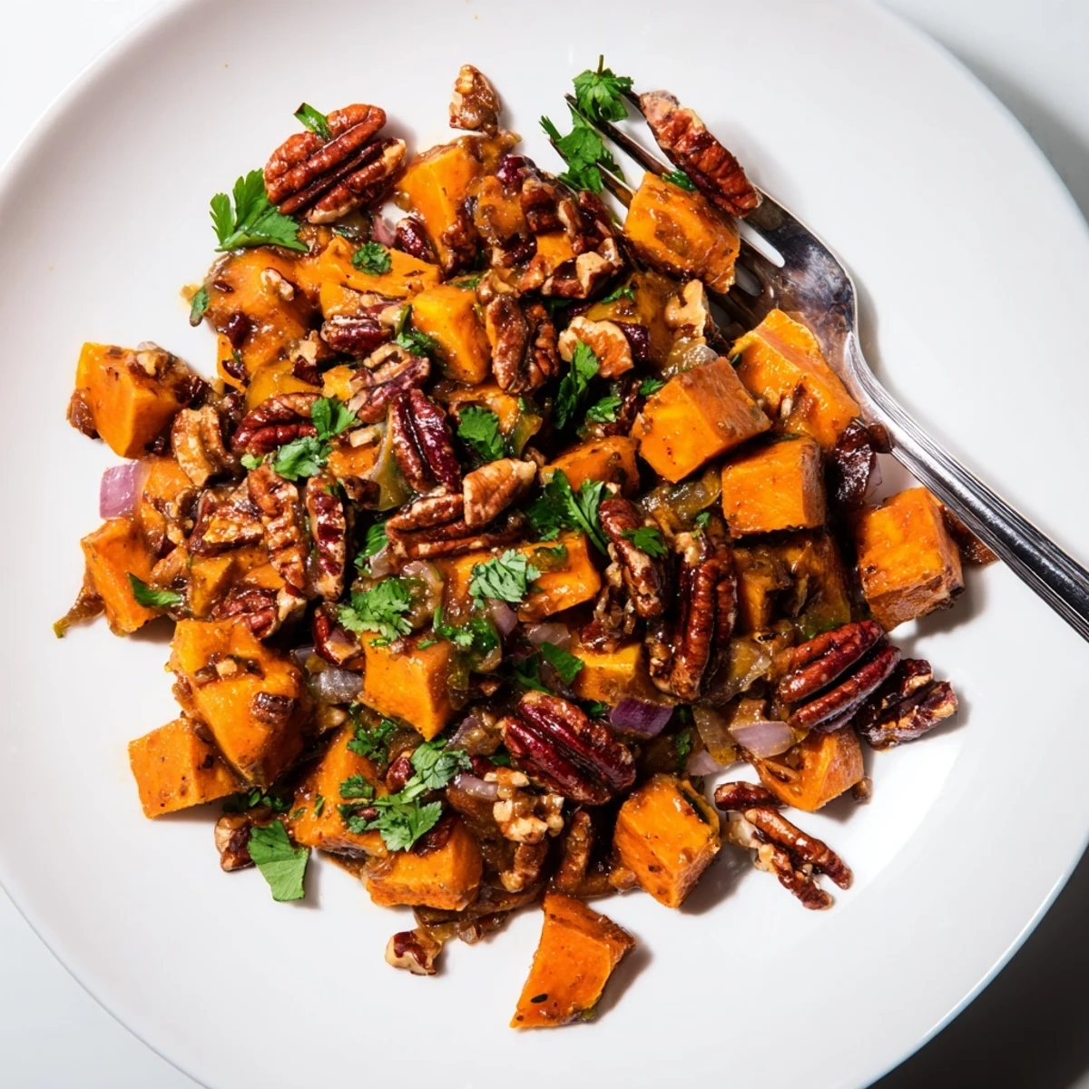 Silky braised sweet potato dish featuring caramelized cubes and spicy candied pecan topping