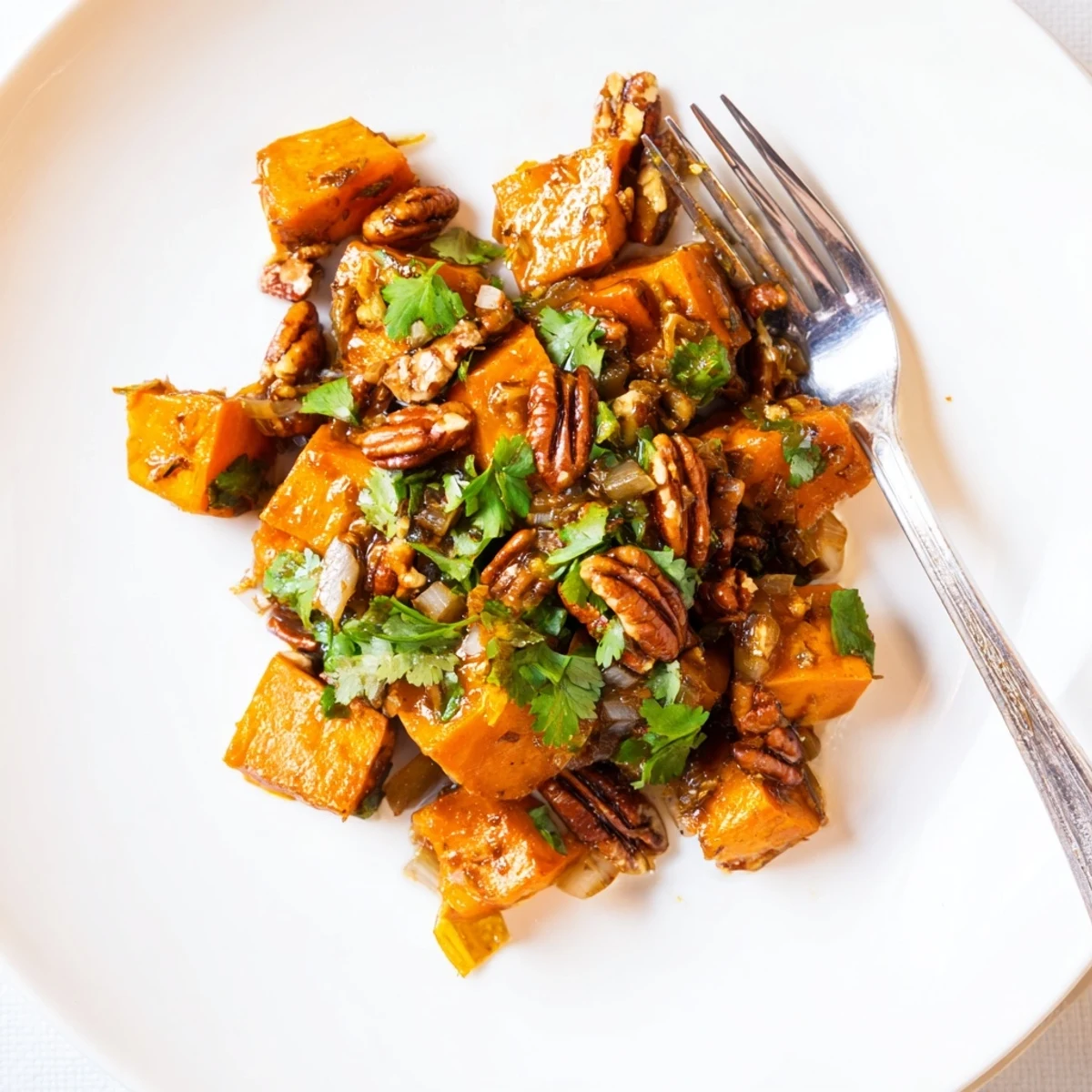 Golden braised sweet potatoes topped with spicy roasted pecans in a rustic serving bowl