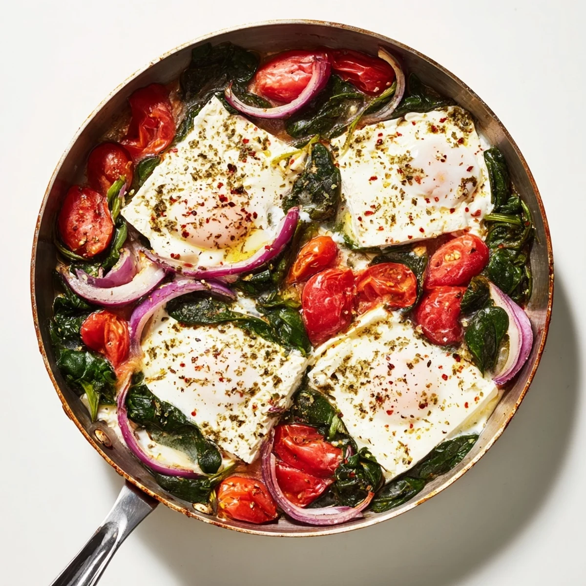 Golden baked feta eggs with wilted spinach and burst cherry tomatoes in a rustic skillet
