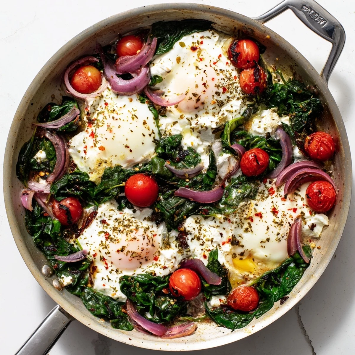 Mediterranean-style baked feta eggs with roasted vegetables, ready to scoop with crusty bread for brunch