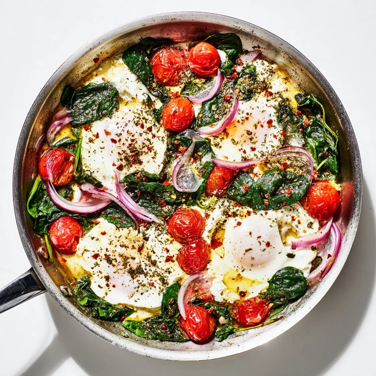 Creamy baked feta breakfast dish featuring runny eggs nestled among vibrant tomatoes and tender spinach