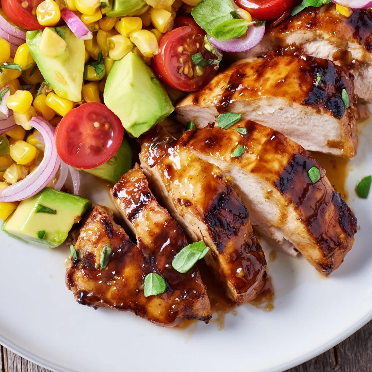 Grilled hot honey chicken glazed in spicy honey served over vibrant sweet corn salad with fresh tomatoes and herbs