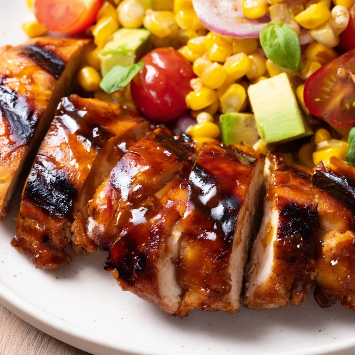 Juicy grilled chicken breasts brushed with hot honey glaze paired alongside refreshing corn salad with avocado and lime