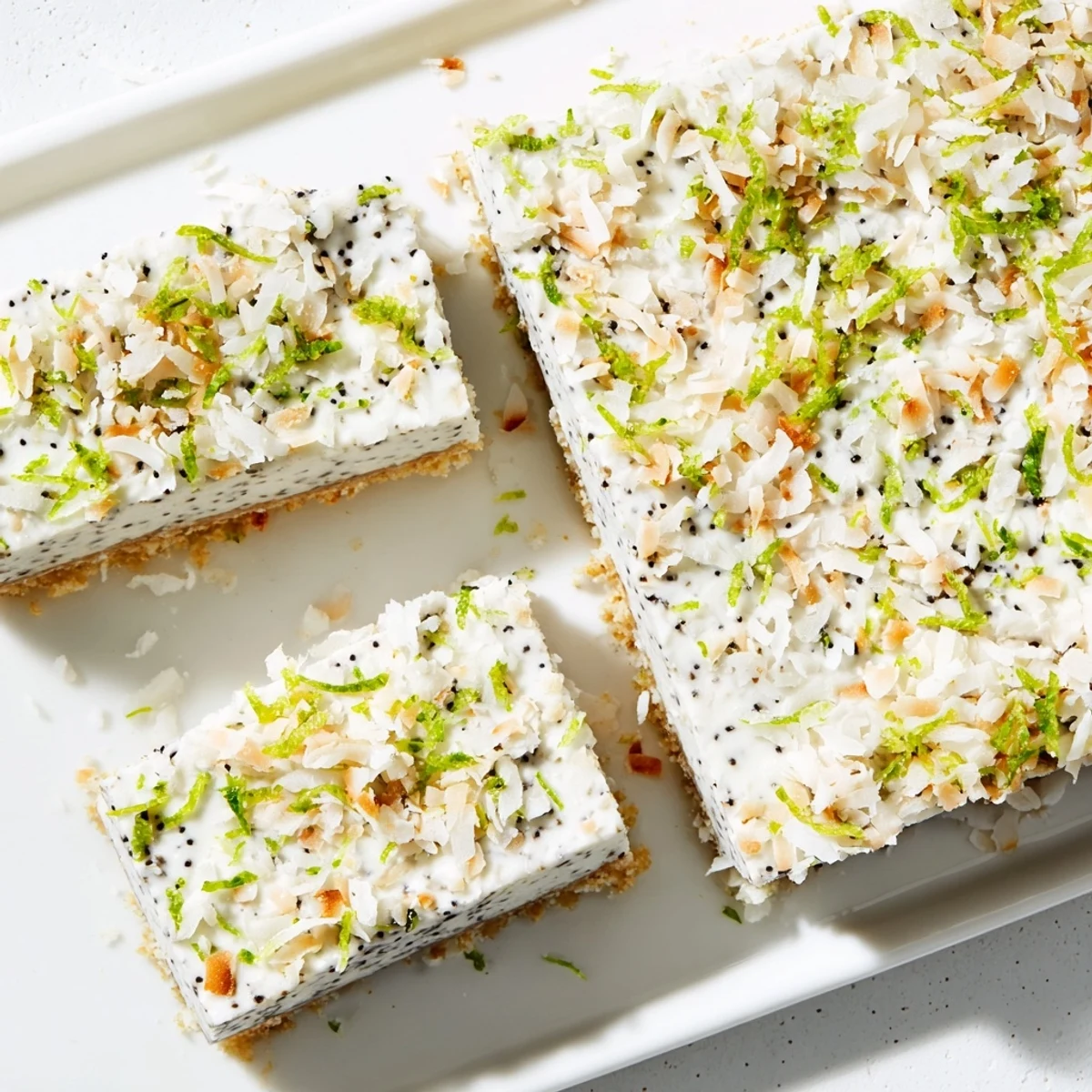 Creamy no bake zesty coconut lime chia pudding bars topped with toasted coconut flakes