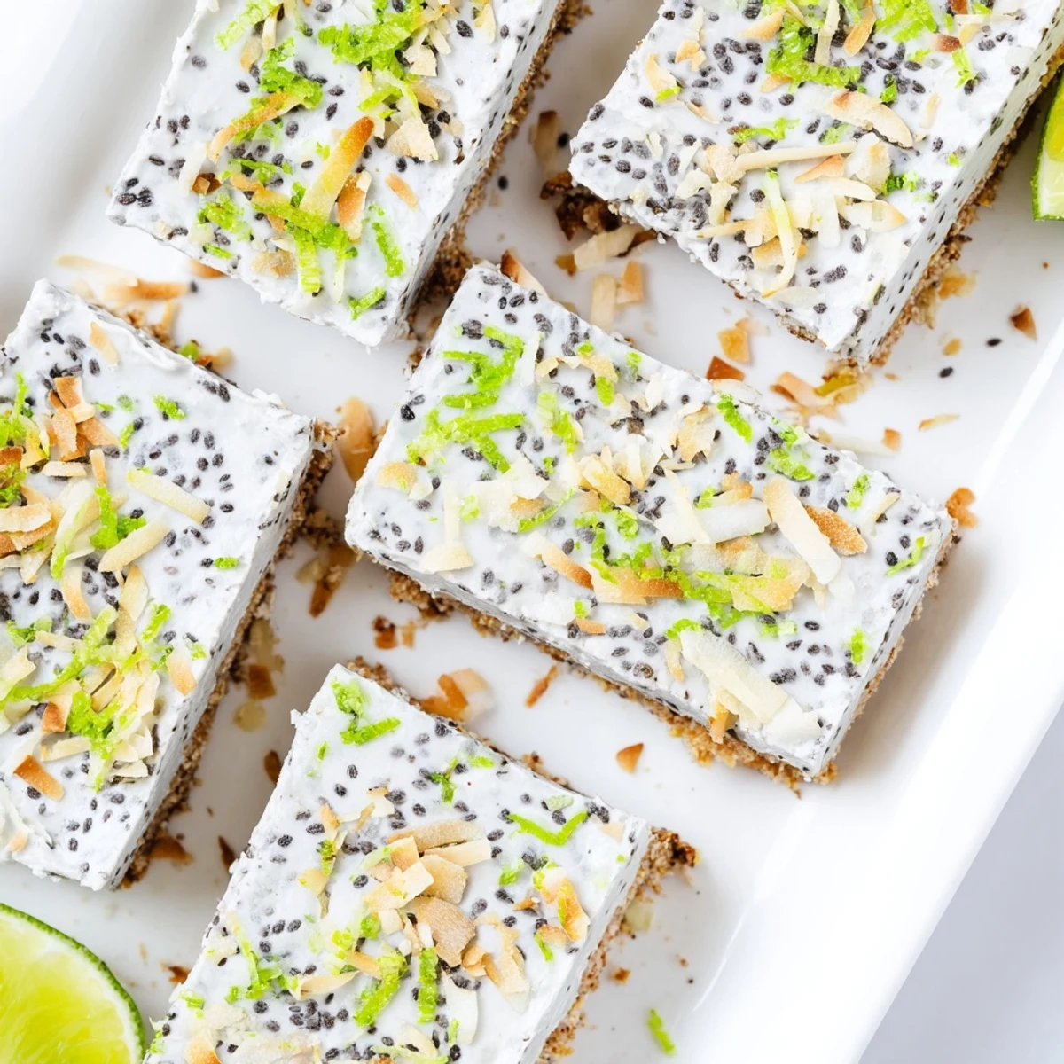 Square slice of coconut lime chia pudding bars with green lime zest sprinkled on top