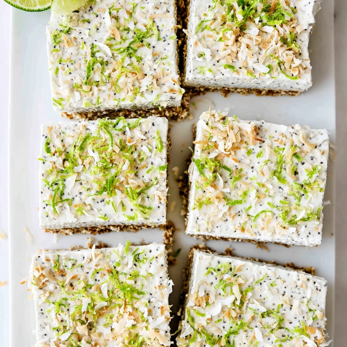 Chilled coconut lime chia pudding bars on white plate with refreshing citrus garnish