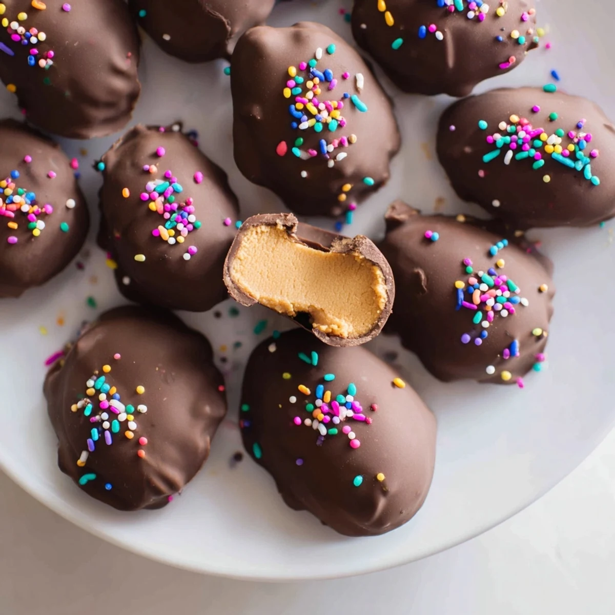 Homemade peanut butter Easter eggs coated in glossy dark chocolate with colorful sprinkles on top