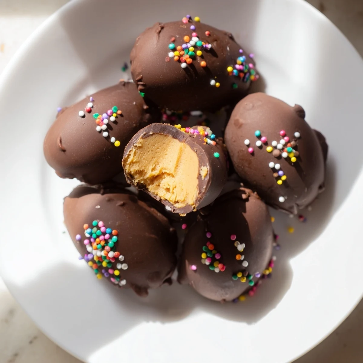 Creamy peanut butter Easter eggs drizzled with white chocolate sitting on a white decorative plate