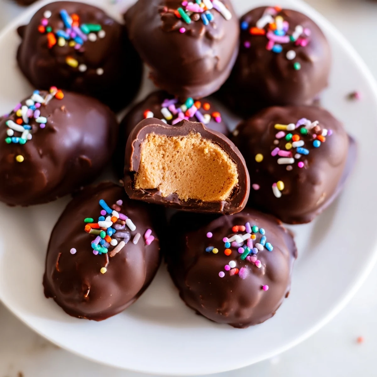 Handcrafted peanut butter Easter eggs arranged on Easter grass with pastel candy decorations nearby