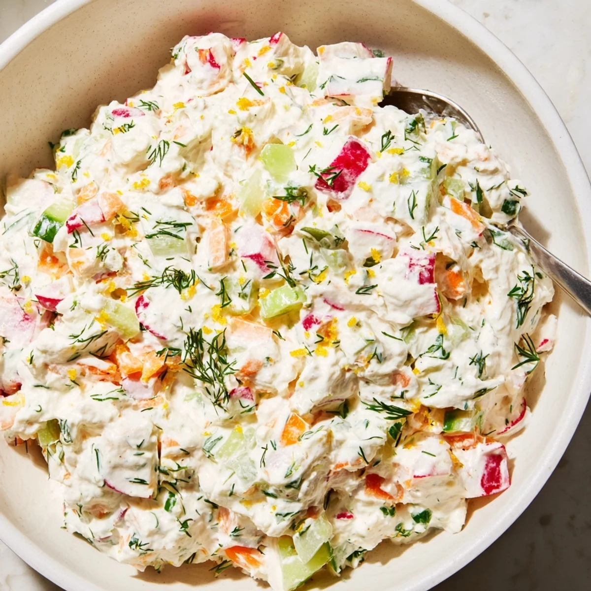 Creamy Easter dip with fresh herbs and colorful vegetables served in a white bowl