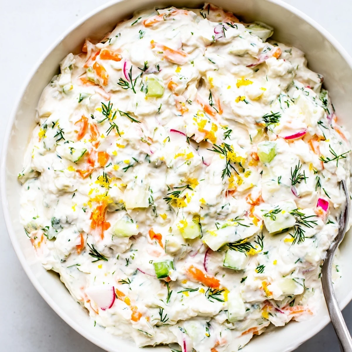 Festive white Easter appetizer topped with chives dill parsley and diced veggies