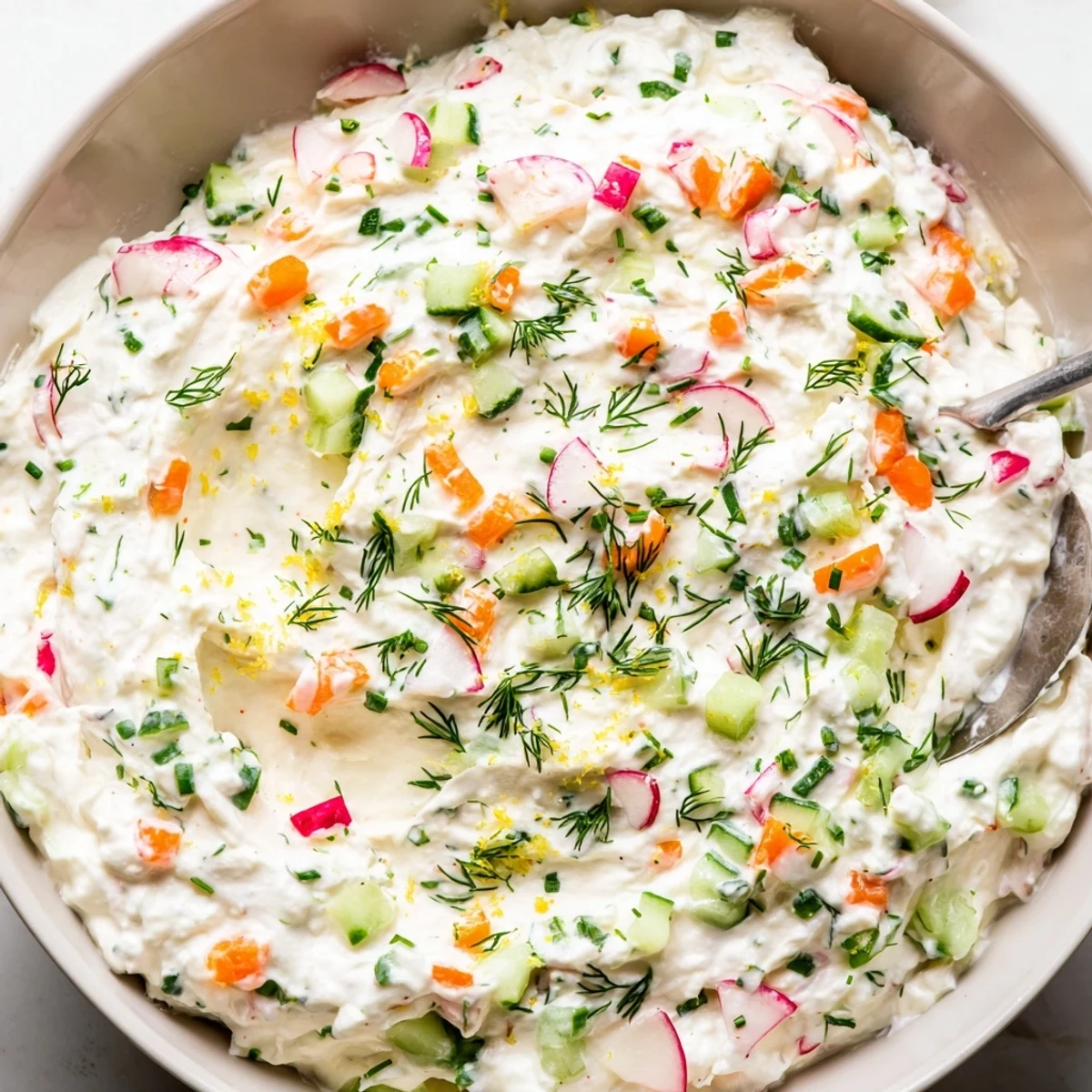 Smooth herb dip surrounded by fresh carrots cucumbers and crisp crackers for spring gatherings