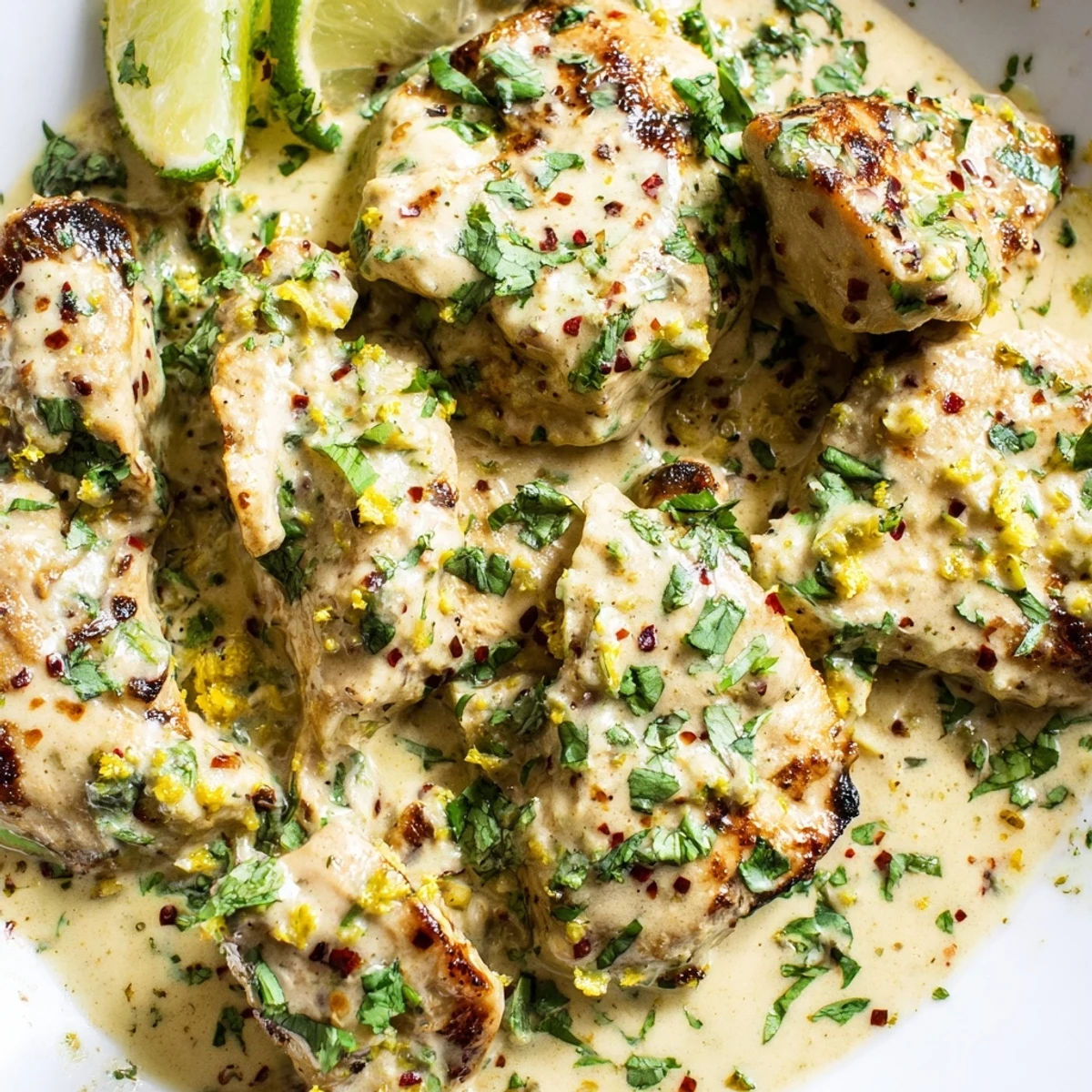 Golden Coconut Lime Chicken breasts swimming in a creamy white coconut lime sauce with fresh green cilantro garnish.