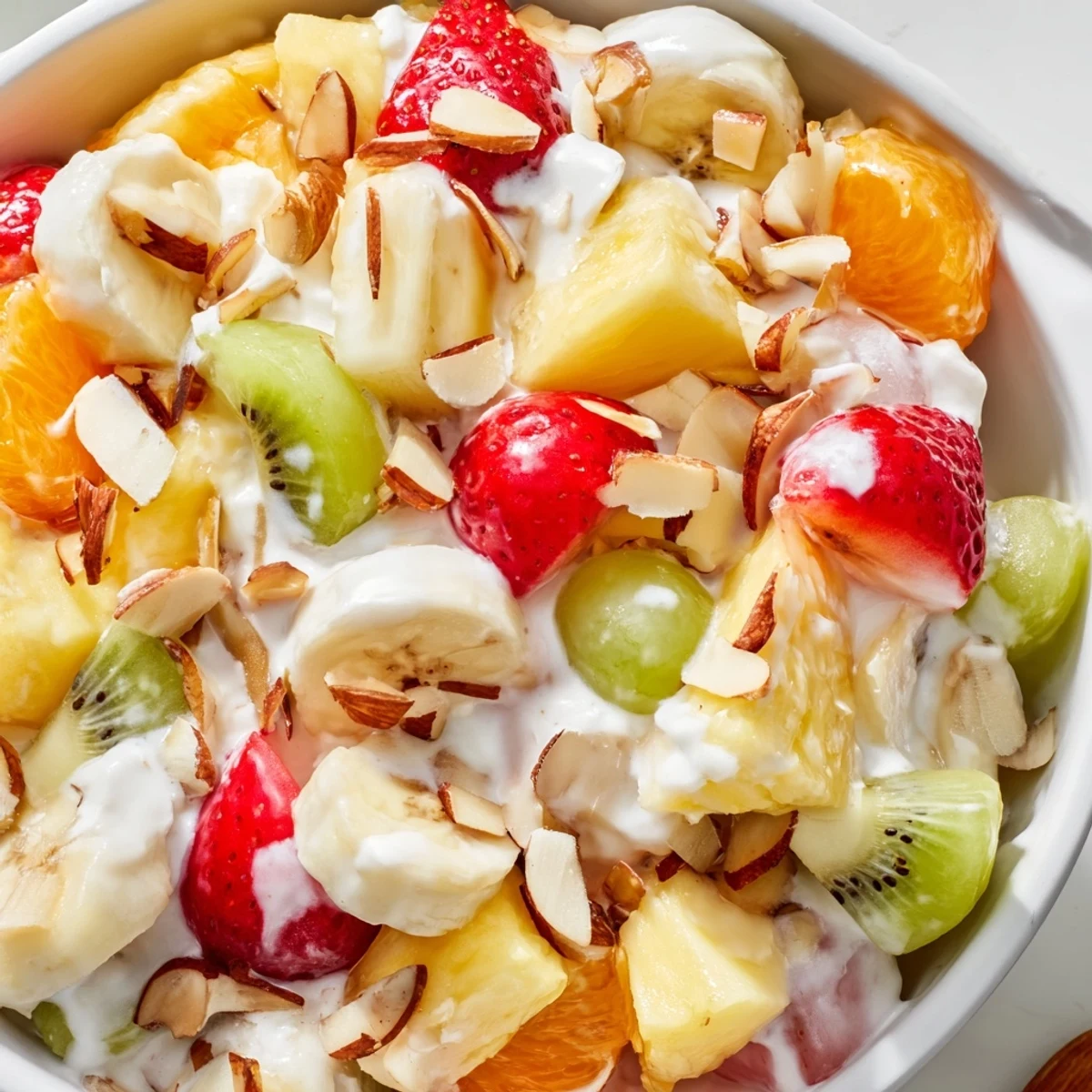 Fresh creamy fruit salad bowl with strawberries, pineapple, kiwi, and grapes in vanilla yogurt dressing