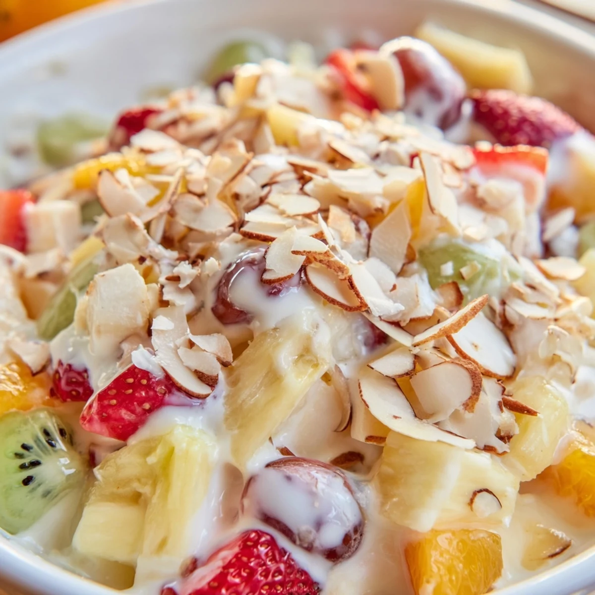 Colorful fruit salad with mixed berries and tropical fruits coated in sweet creamy honey sauce