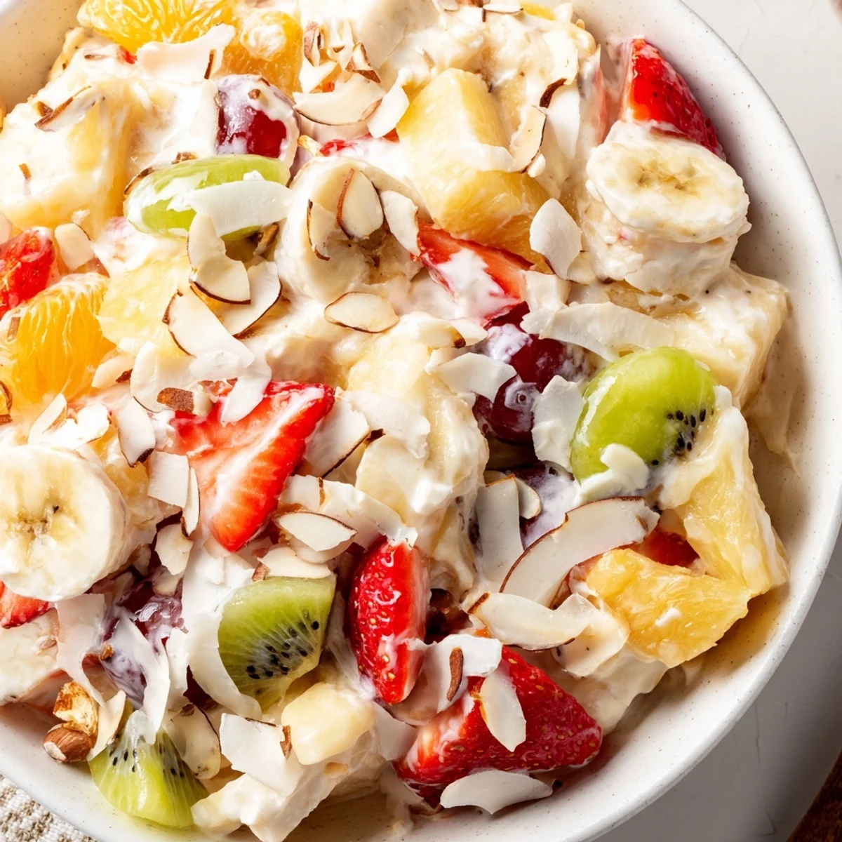 Gourmet creamy fruit salad featuring mandarin oranges, kiwi slices, and coconut garnish in silky yogurt dressing