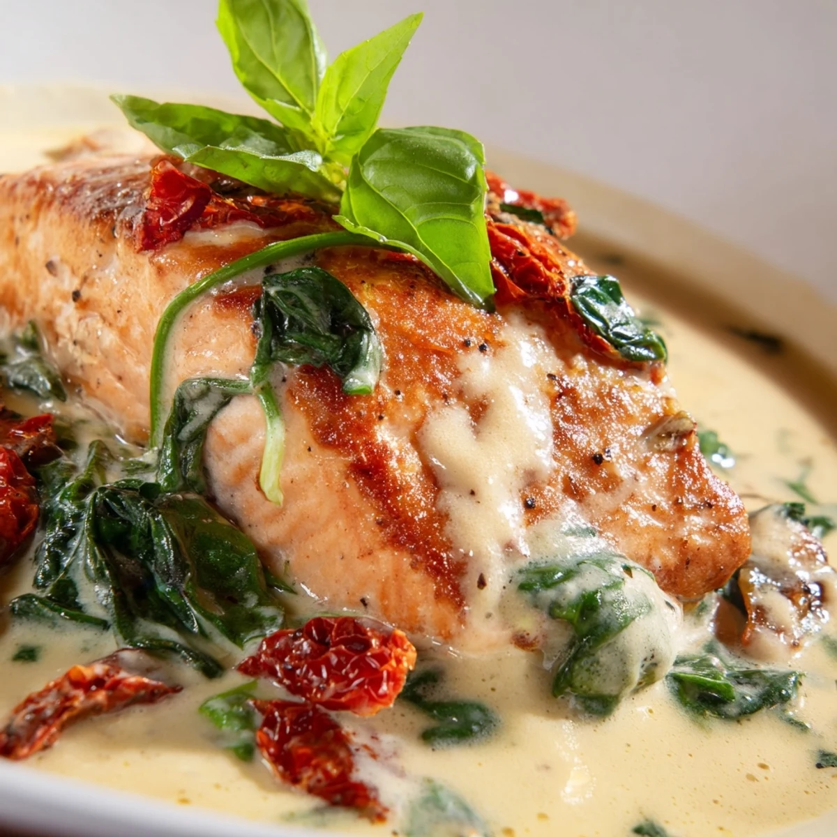 Golden Tuscan salmon with tender spinach and sun-dried tomatoes swimming in a velvety Parmesan cream sauce