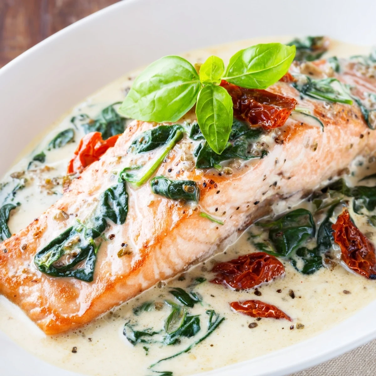 Pan-seared salmon fillets resting in rich creamy garlic sauce with sun-dried tomatoes and fresh wilted spinach