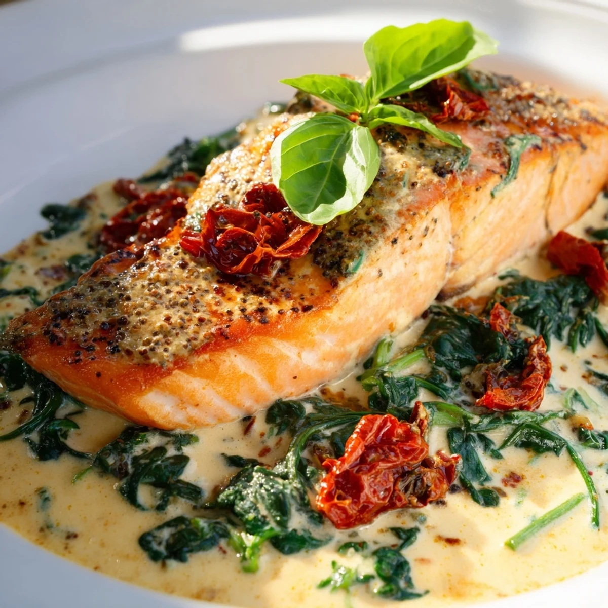 Creamy Tuscan salmon topped with wilted spinach and savory sun-dried tomatoes in a garlic Parmesan cream glaze