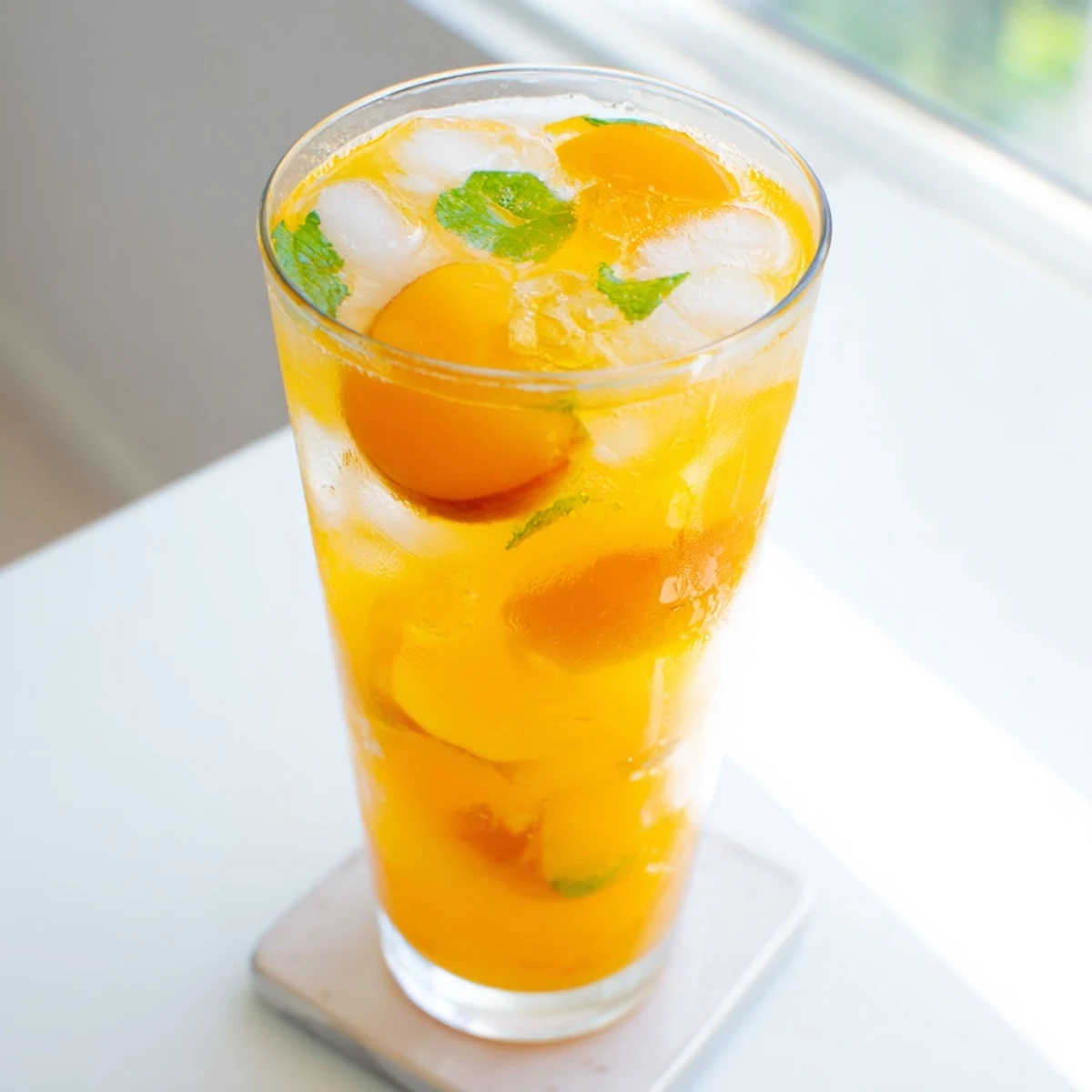 Golden peach puree swirled with spicy ginger syrup in clear glass filled with ice