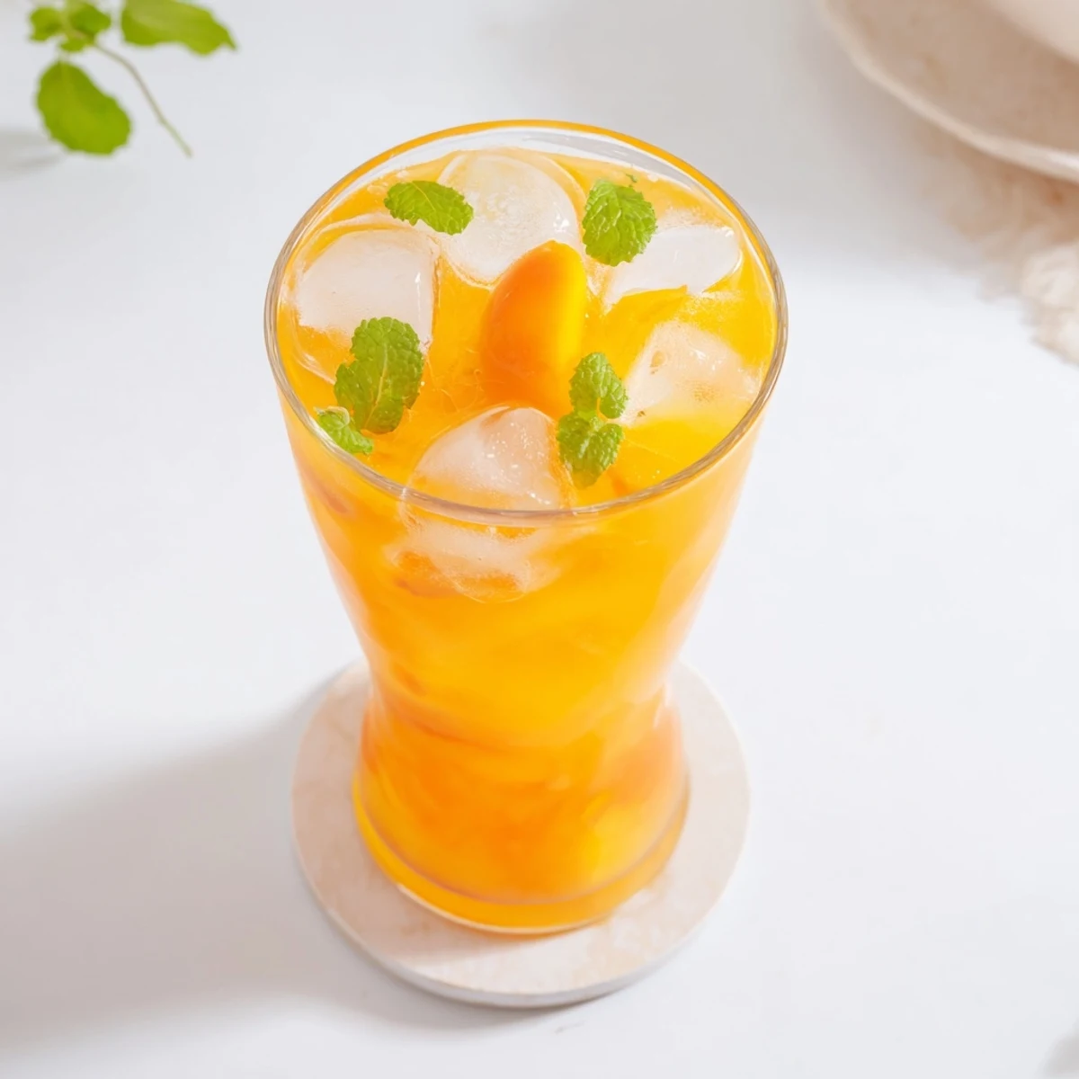 Refreshing Ginger Peach Sparkler garnished with fresh peach slices and mint sprigs